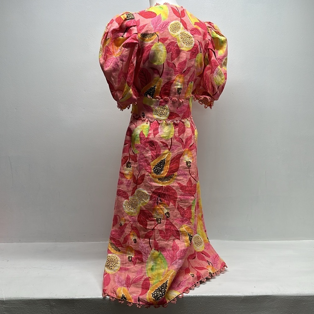 Farm Rio Pink Papaya Leaf Dress Linen Button Down Midi Short Sleeve Size Small - Picture 11 of 13
